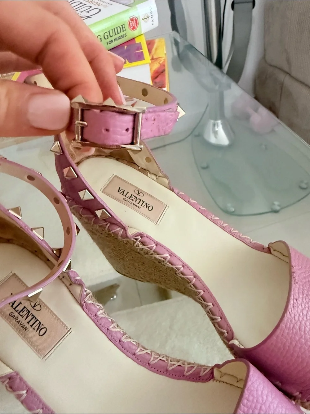 Valentino Garavani Women’s Pink Espadrille Wedge Sandals with Ankle Strap